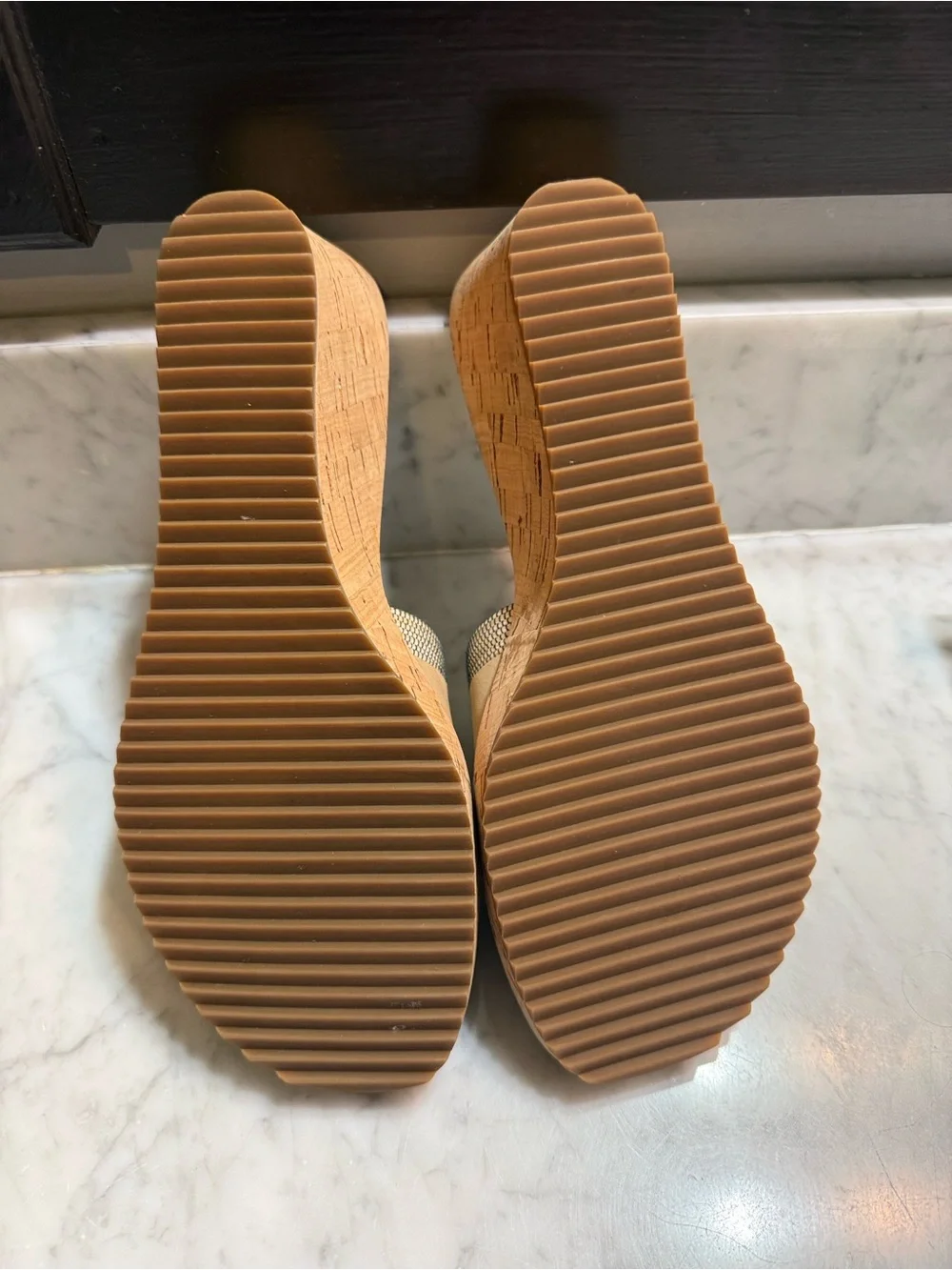 Vaneli Tan and Cream Cattee Wedge Slide Sandals with Buckle